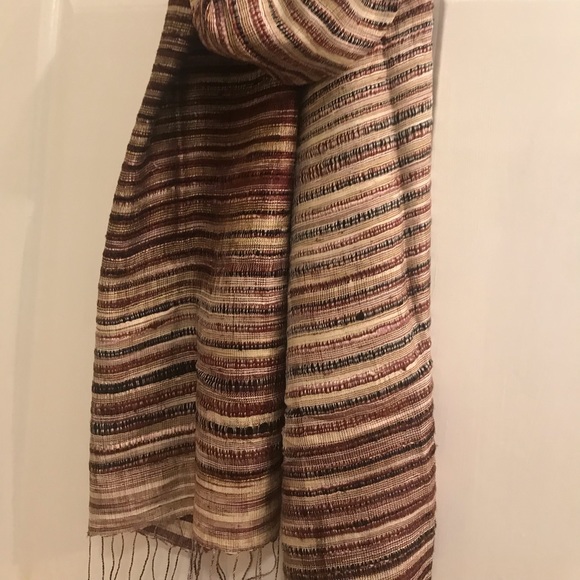 Handcrafted Thai Silk Scarf with Nubby Weave in Browns, Black, & hints of Green - Picture 2 of 8